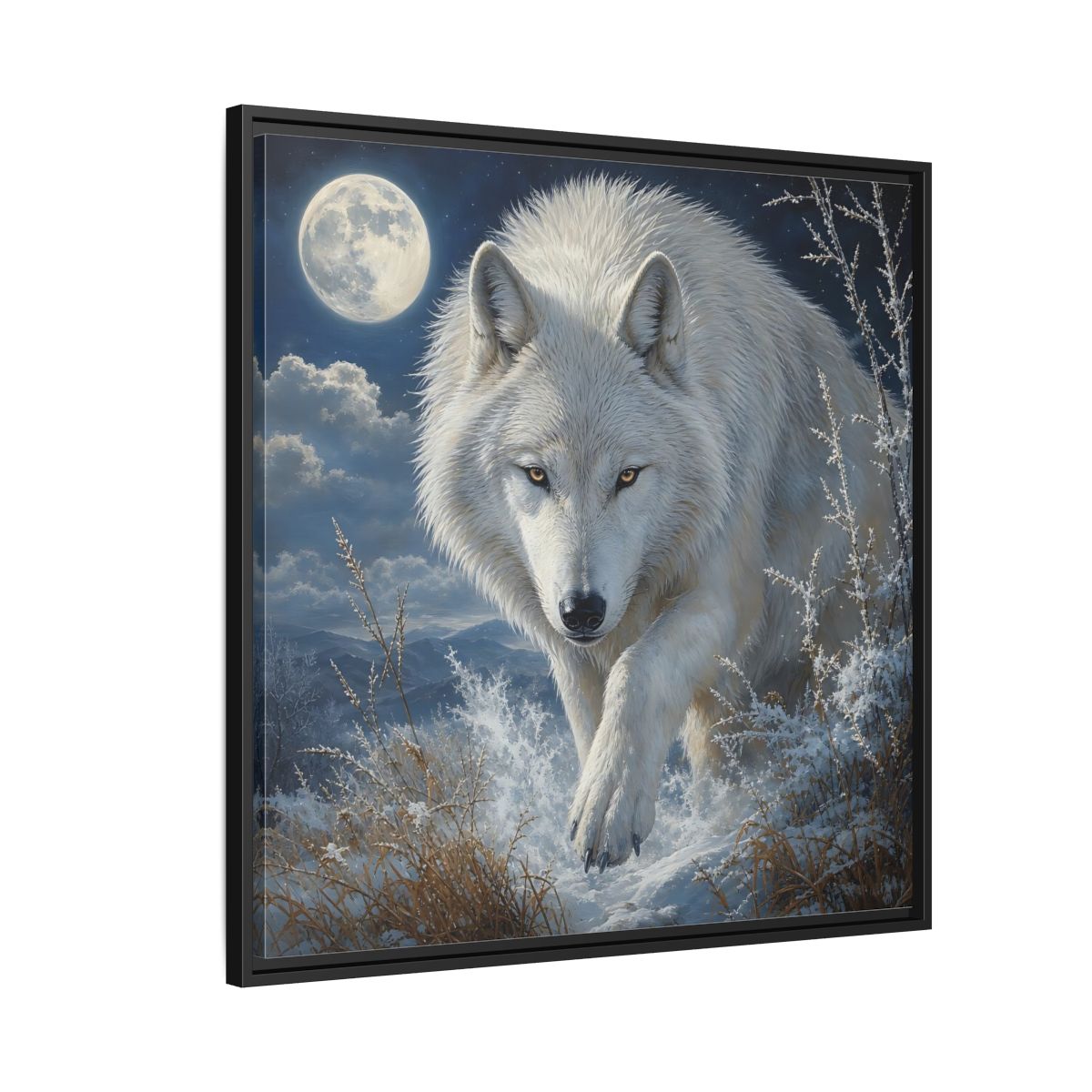 Side Mockup 9. Animals White Wolf White Wolf Snow shown as stretched canvas wall art