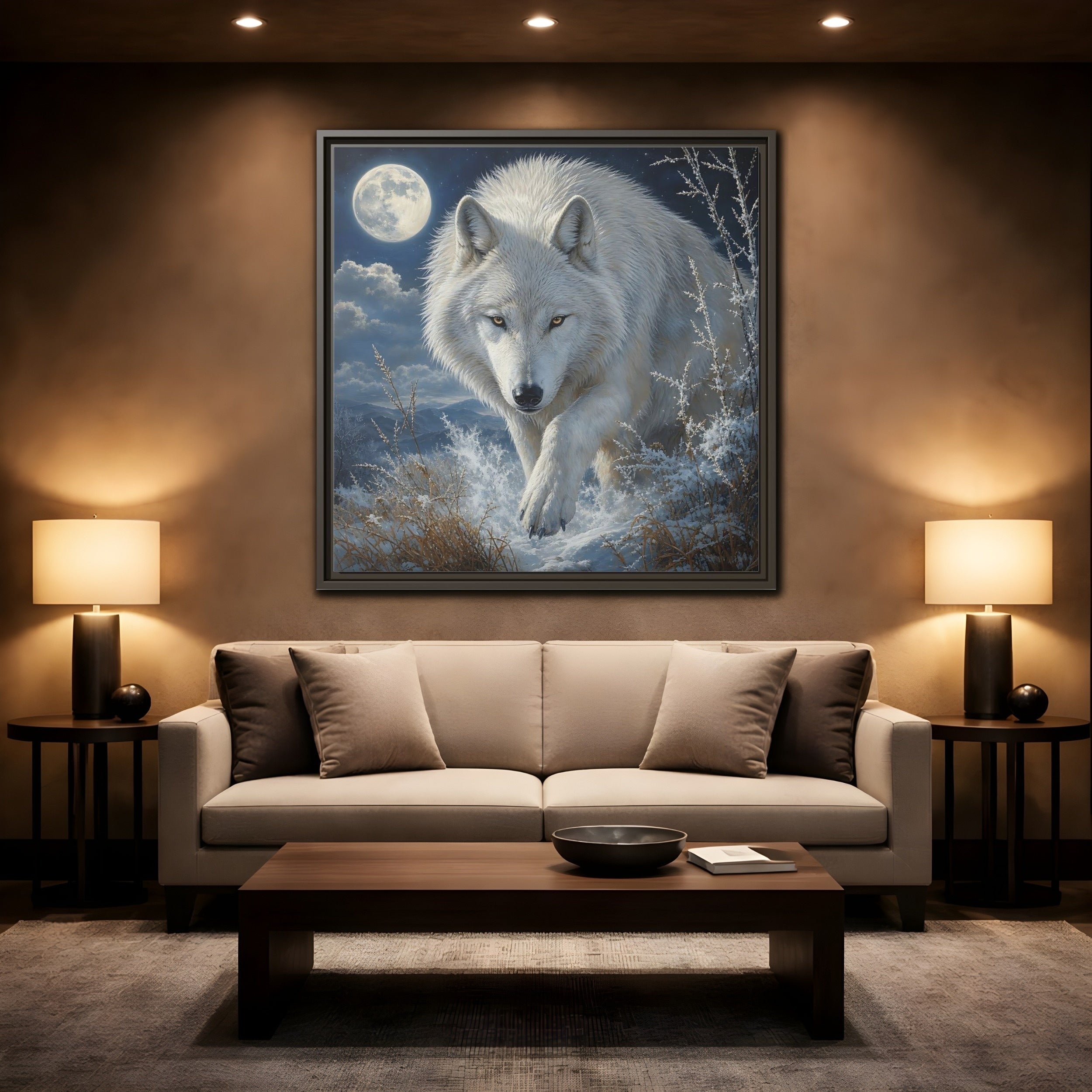 Mockup 2. Animals White Wolf White Wolf Snow shown as stretched canvas wall art