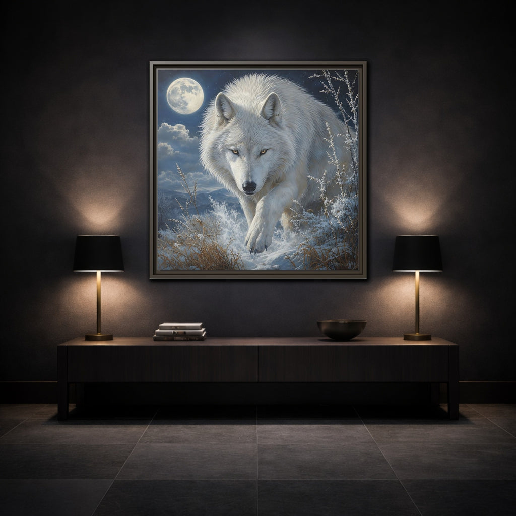 Mockup 3. Animals White Wolf White Wolf Snow shown as stretched canvas wall art