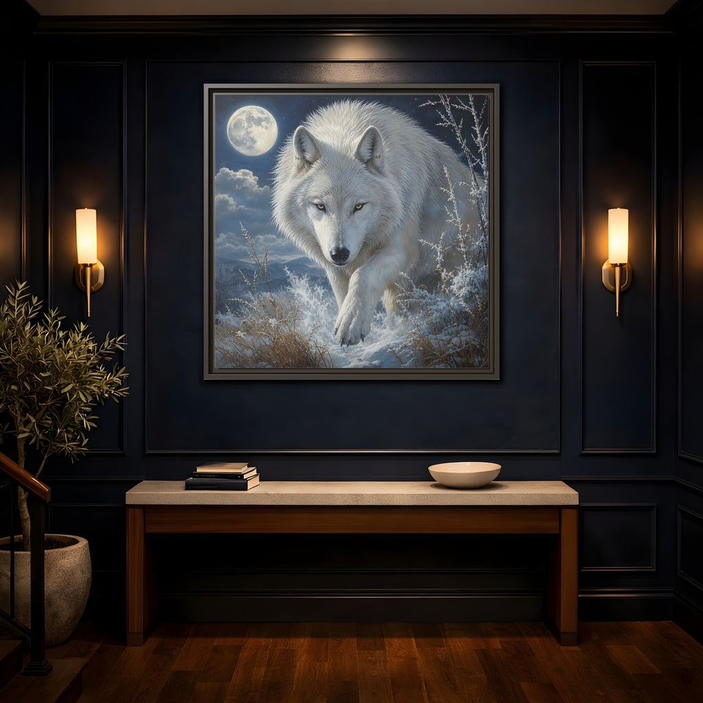 Mockup 4. Animals White Wolf White Wolf Snow shown as stretched canvas wall art