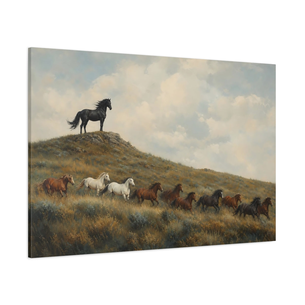 Side Mockup 1. Animals Wild Horses Brown And Blue shown as stretched canvas wall art