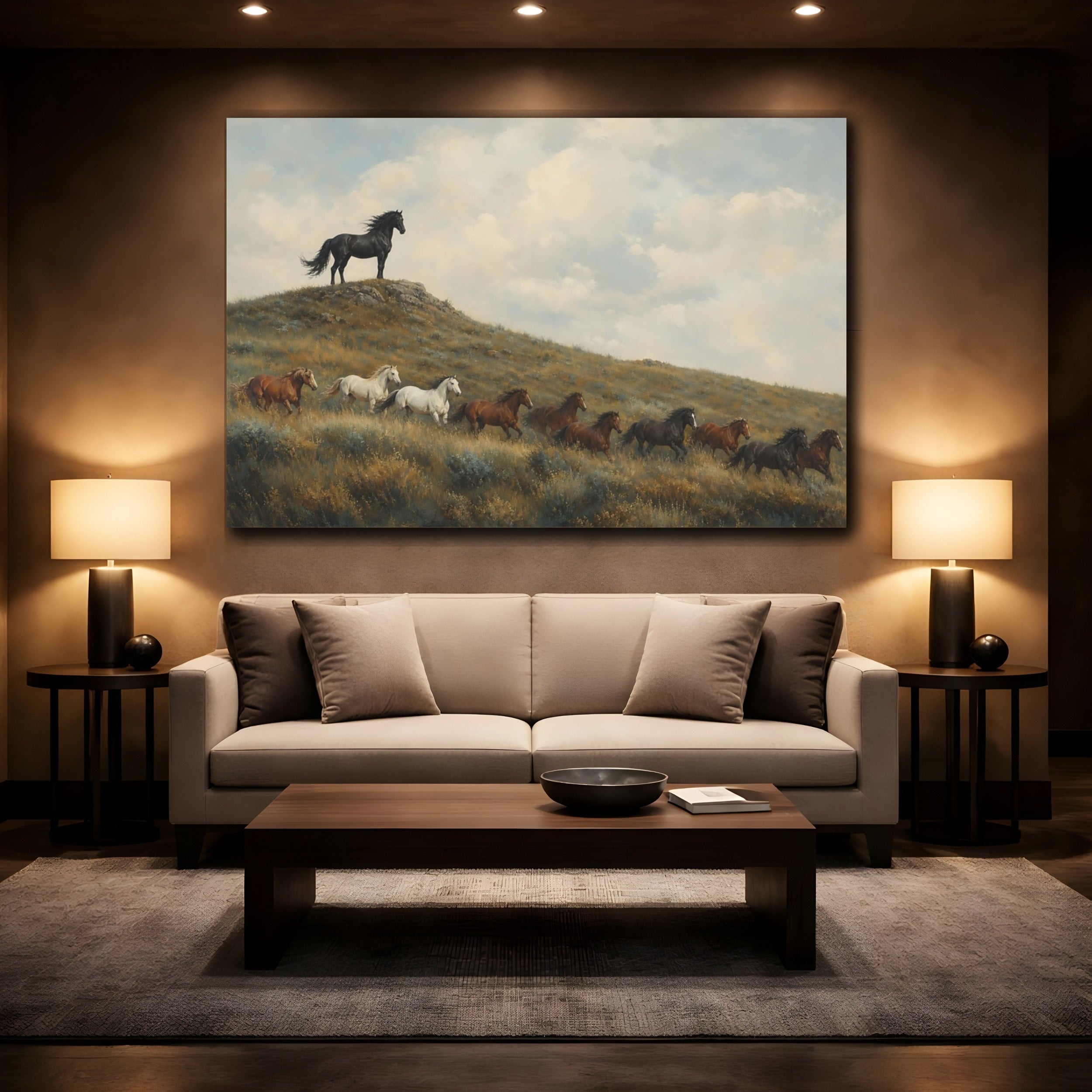 Mockup 2. Animals Wild Horses Brown And Blue shown as stretched canvas wall art