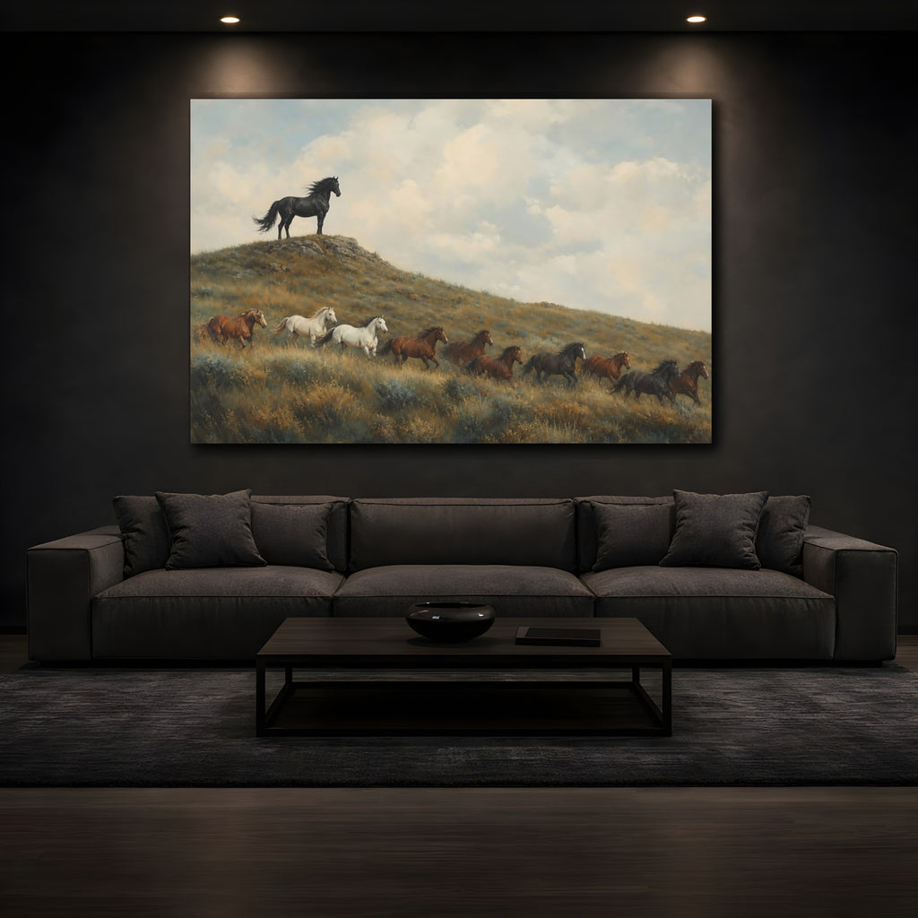 Mockup 3. Animals Wild Horses Brown And Blue shown as stretched canvas wall art