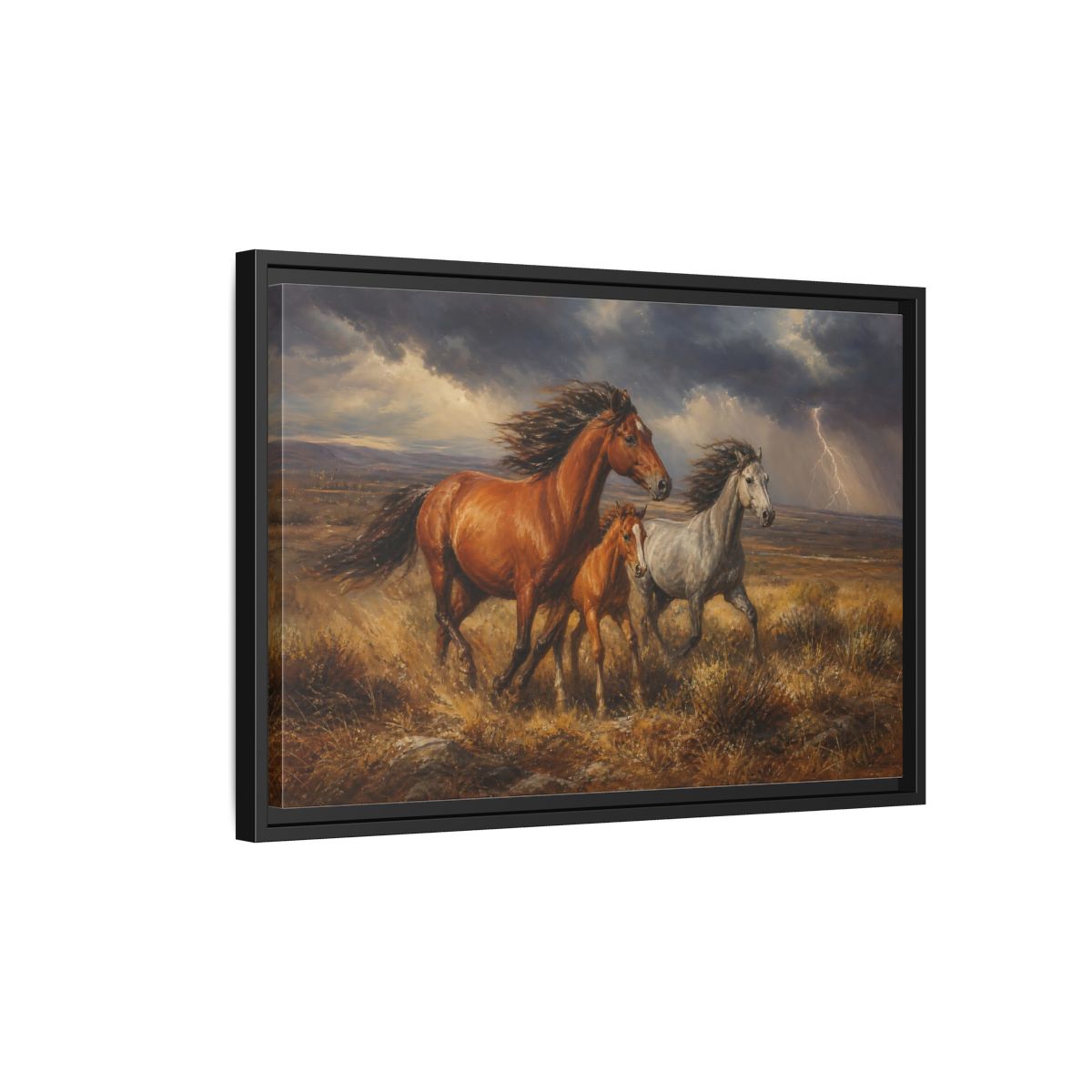 Side Mockup 3. Animals Wild Horses Brown Grey Horses shown as stretched canvas wall art