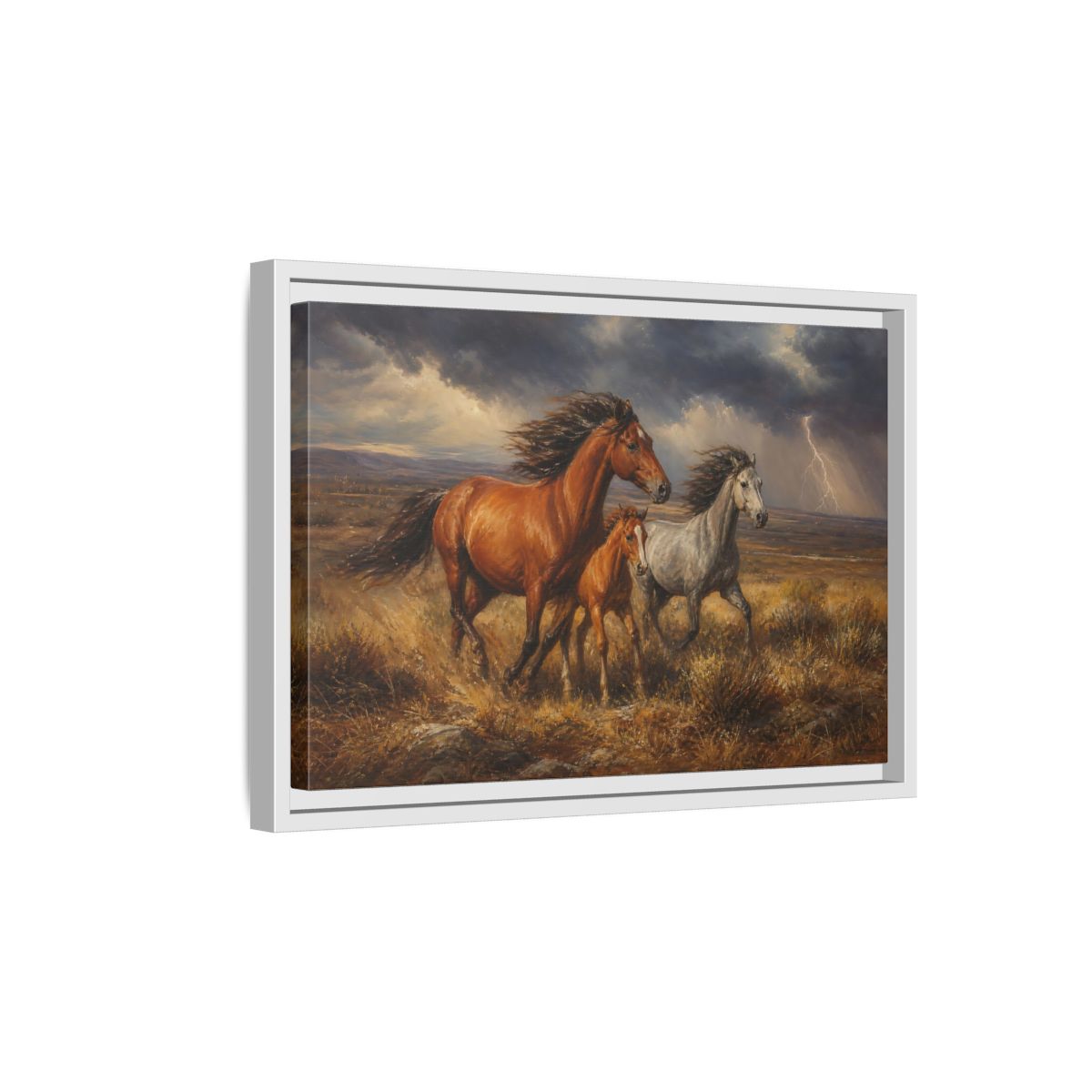 Side Mockup 4. Animals Wild Horses Brown Grey Horses shown as stretched canvas wall art