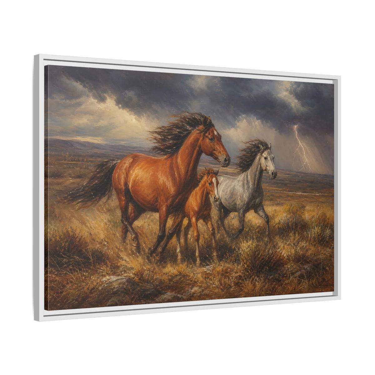Side Mockup 9. Animals Wild Horses Brown Grey Horses shown as stretched canvas wall art