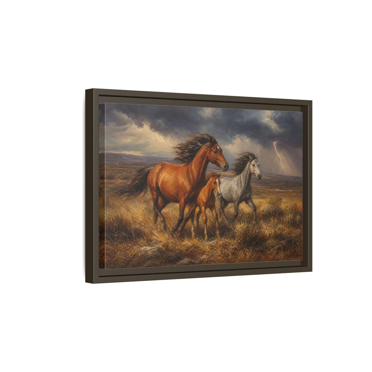 Side Mockup 5. Animals Wild Horses Brown Grey Horses shown as stretched canvas wall art