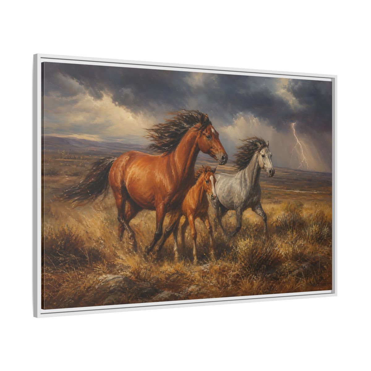 Side Mockup 7. Animals Wild Horses Brown Grey Horses shown as stretched canvas wall art