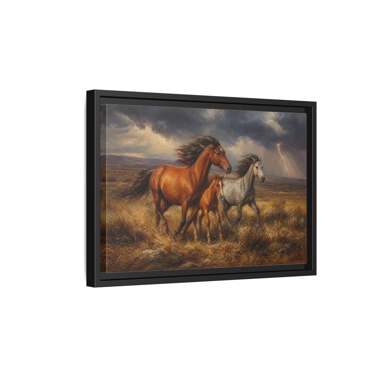 Side Mockup 6. Animals Wild Horses Brown Grey Horses shown as stretched canvas wall art