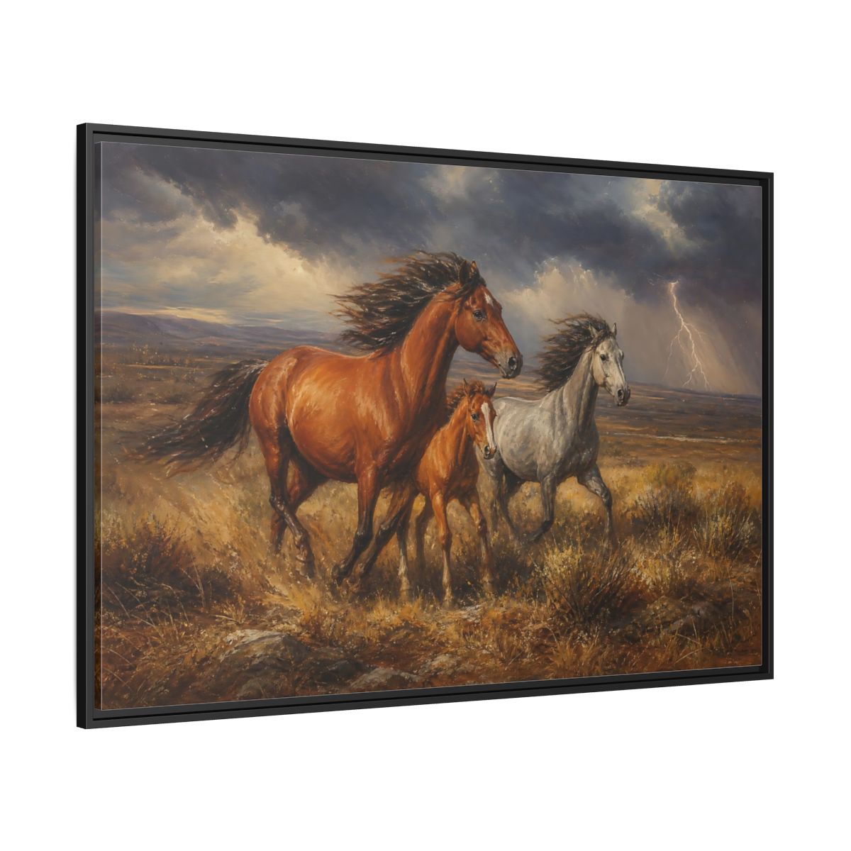 Side Mockup 12. Animals Wild Horses Brown Grey Horses shown as stretched canvas wall art