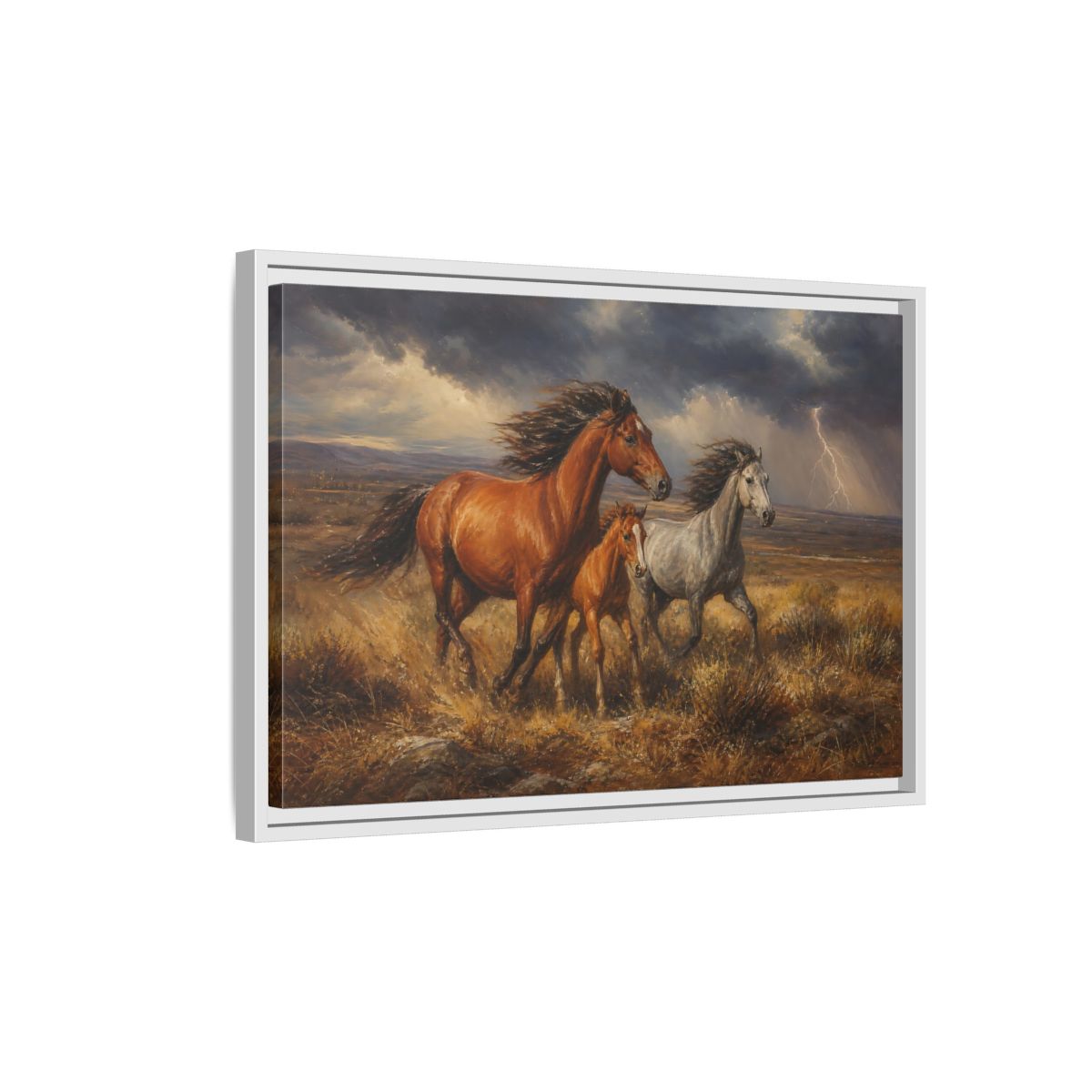 Side Mockup 1. Animals Wild Horses Brown Grey Horses shown as stretched canvas wall art