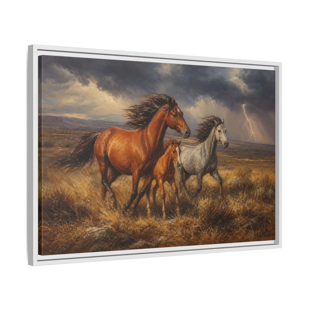 Side Mockup 10. Animals Wild Horses Brown Grey Horses shown as stretched canvas wall art