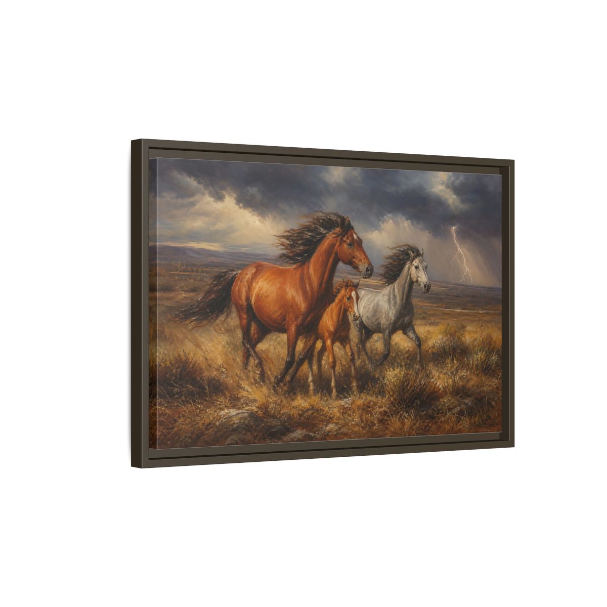 Side Mockup 2. Animals Wild Horses Brown Grey Horses shown as stretched canvas wall art