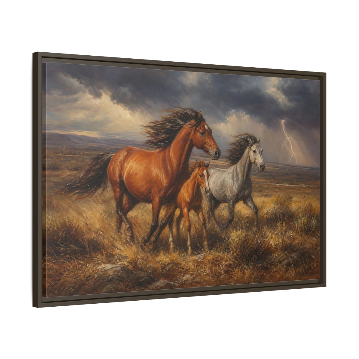 Main Mockup. Animals Wild Horses Brown Grey Horses shown as stretched canvas wall art