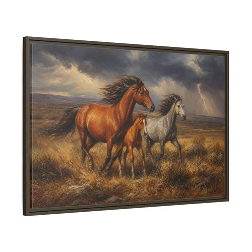 Main Mockup. Animals Wild Horses Brown Grey Horses shown as stretched canvas wall art