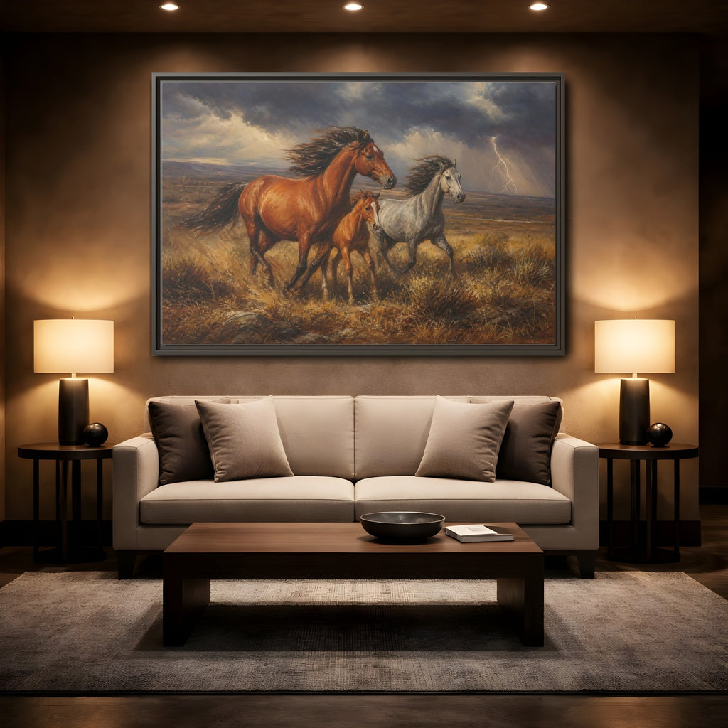 Mockup 2. Animals Wild Horses Brown Grey Horses shown as stretched canvas wall art