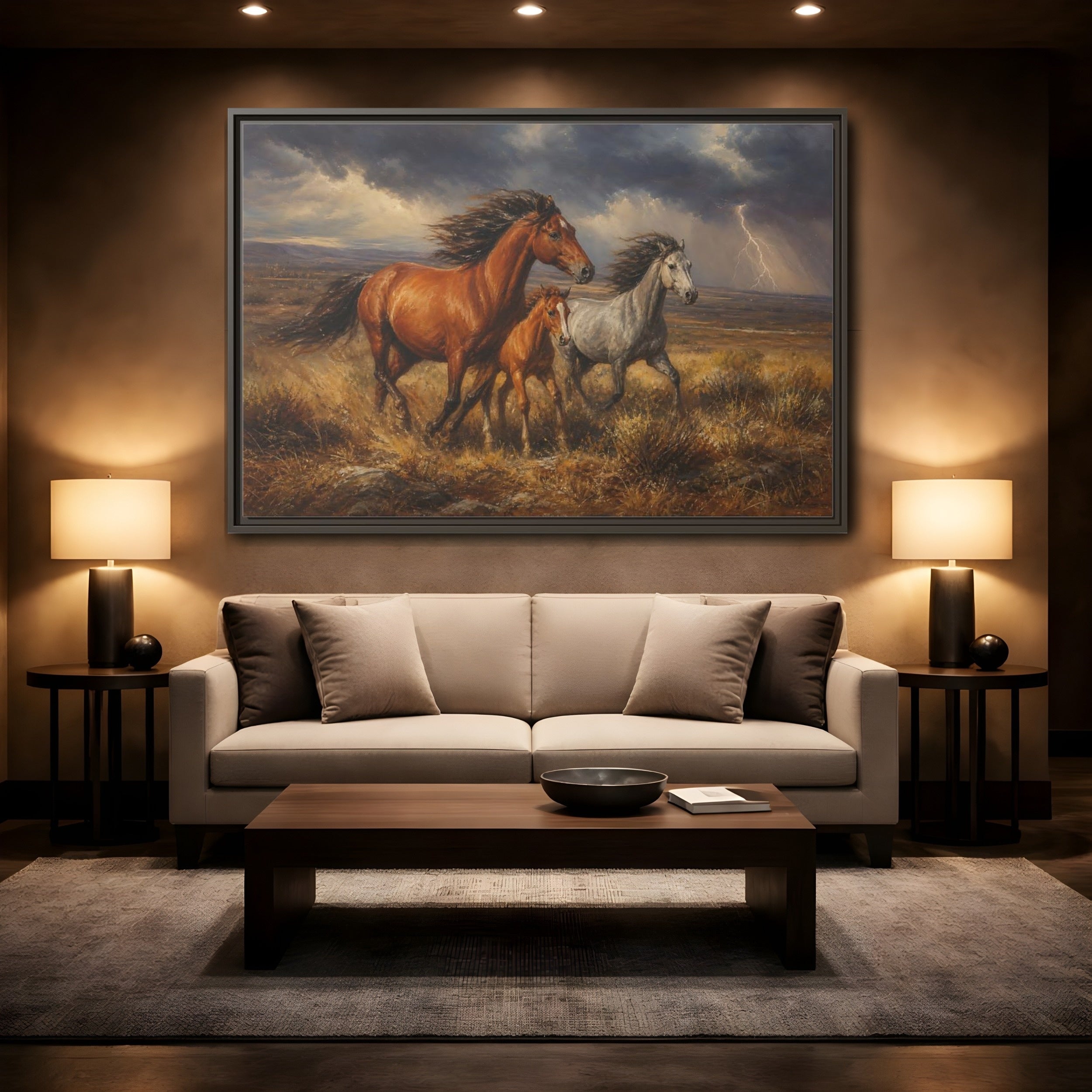 Mockup 2. Animals Wild Horses Brown Grey Horses shown as stretched canvas wall art