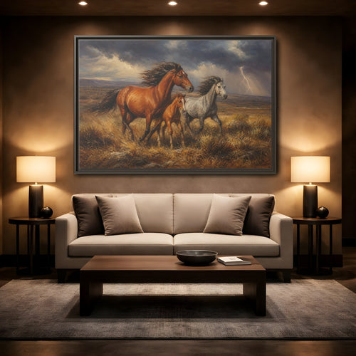 Mockup 2. Animals Wild Horses Brown Grey Horses shown as stretched canvas wall art