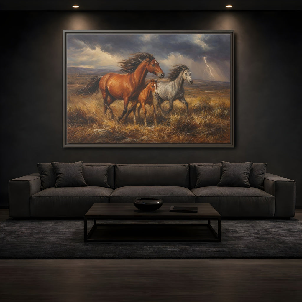 Mockup 3. Animals Wild Horses Brown Grey Horses shown as stretched canvas wall art