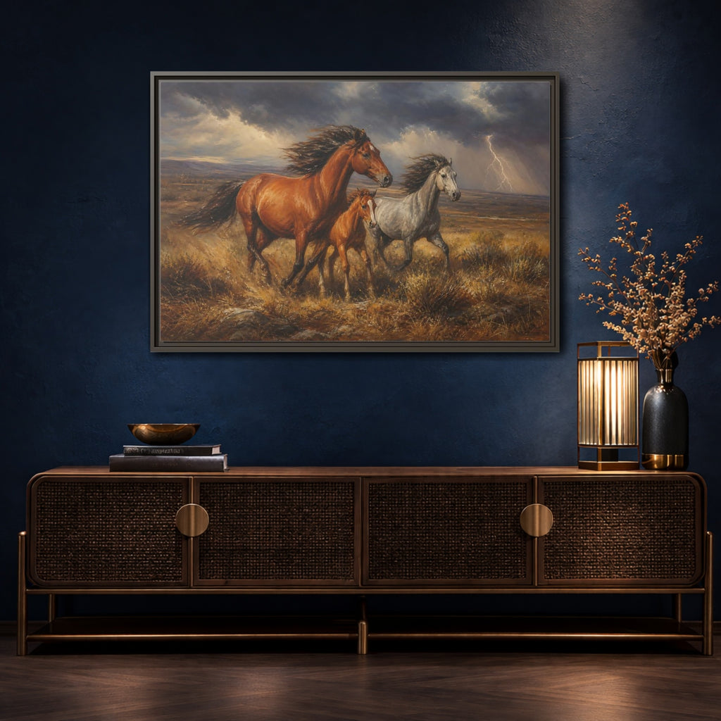 Mockup 4. Animals Wild Horses Brown Grey Horses shown as stretched canvas wall art