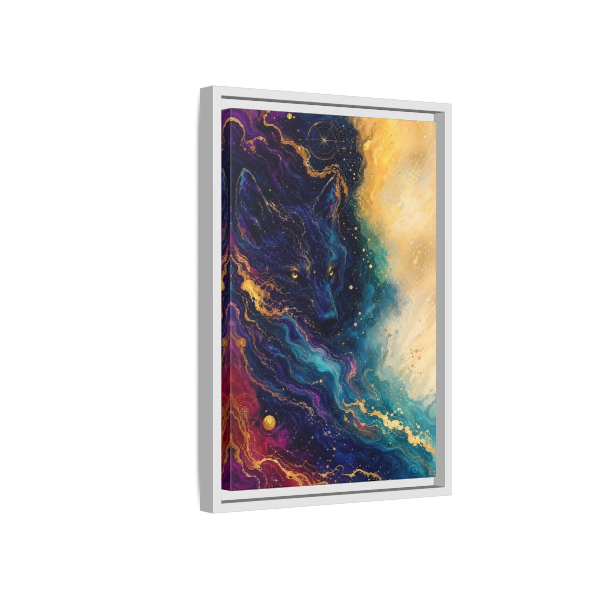 Side Mockup 4. Animals Wolf Blue Gold Wolf shown as stretched canvas wall art