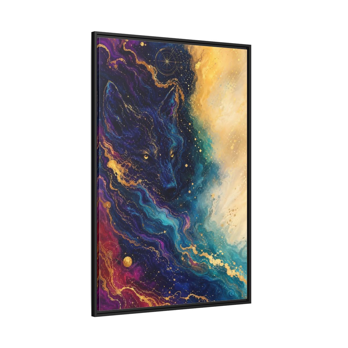 Side Mockup 12. Animals Wolf Blue Gold Wolf shown as stretched canvas wall art