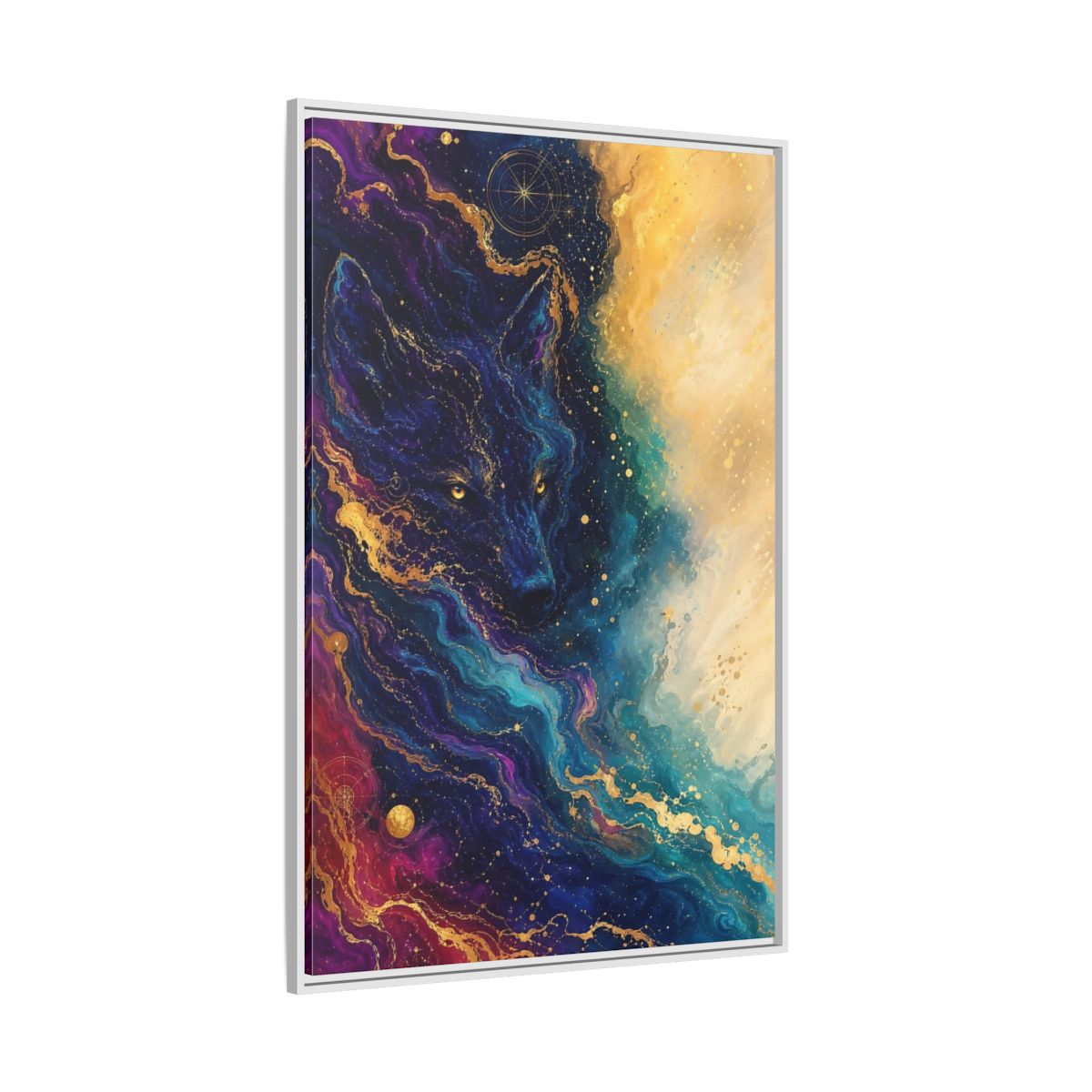 Side Mockup 7. Animals Wolf Blue Gold Wolf shown as stretched canvas wall art