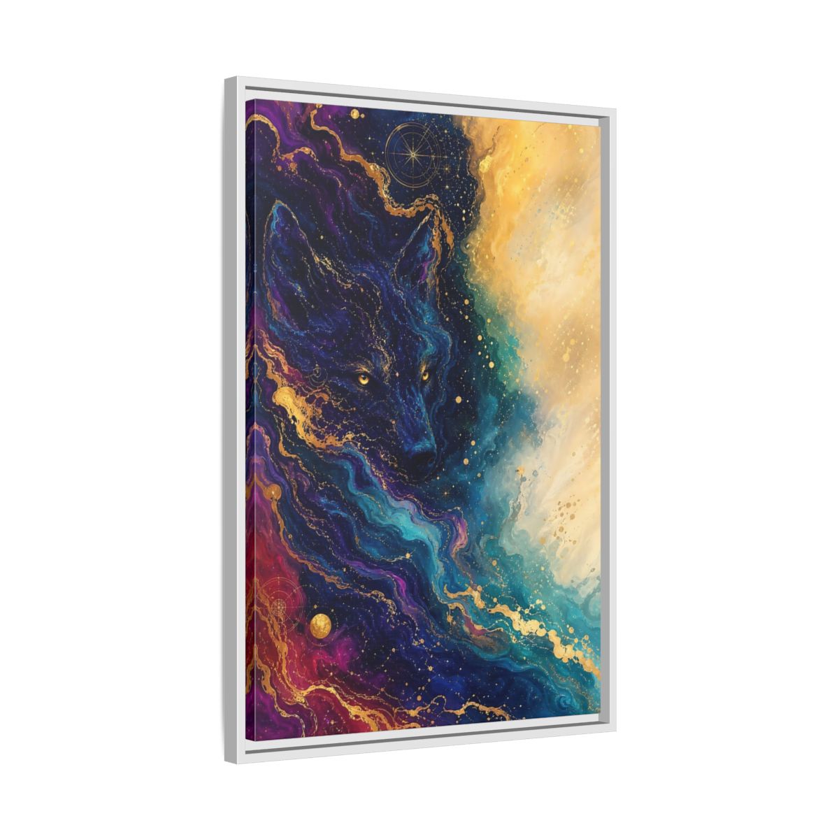 Side Mockup 10. Animals Wolf Blue Gold Wolf shown as stretched canvas wall art