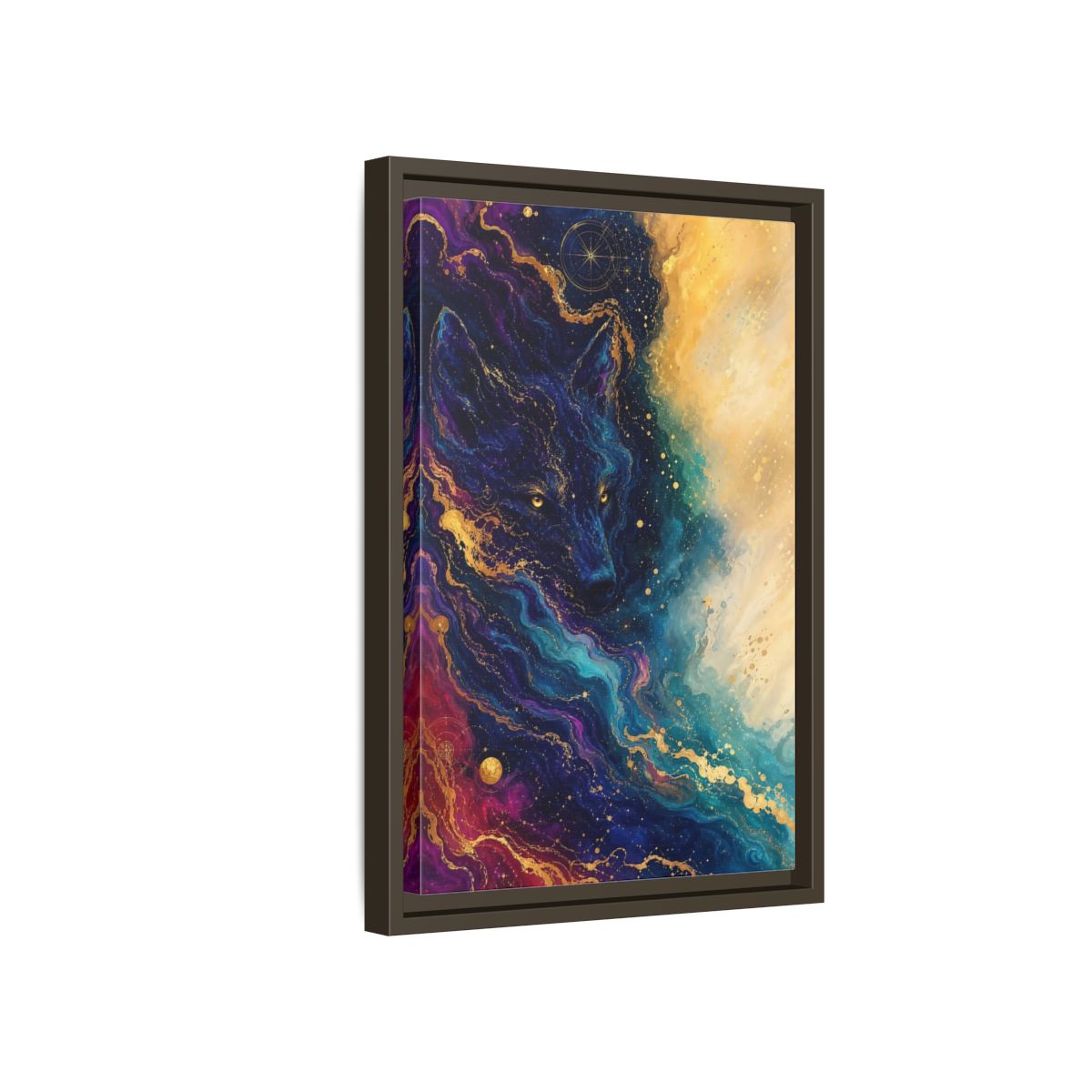 Side Mockup 5. Animals Wolf Blue Gold Wolf shown as stretched canvas wall art