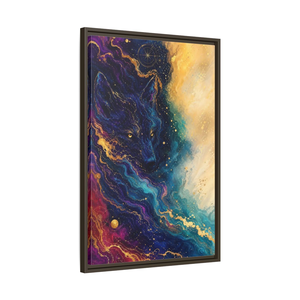 Side Mockup 11. Animals Wolf Blue Gold Wolf shown as stretched canvas wall art