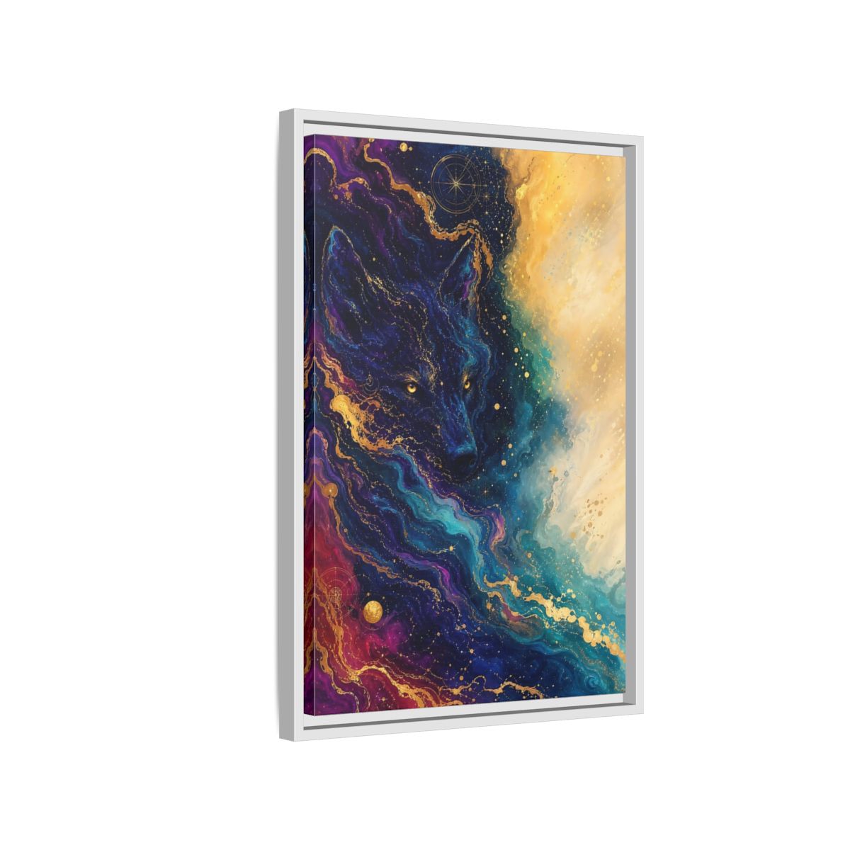 Side Mockup 1. Animals Wolf Blue Gold Wolf shown as stretched canvas wall art