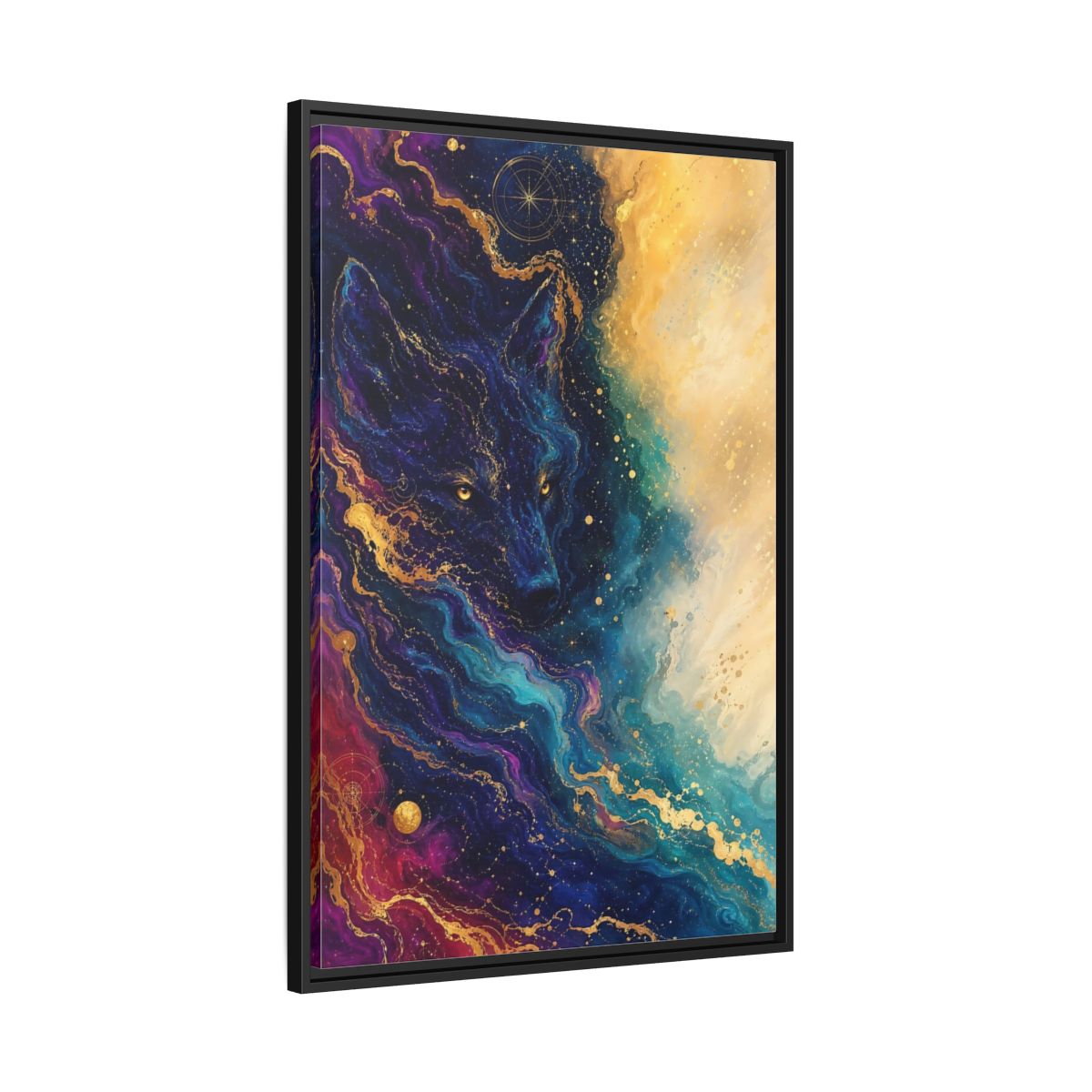 Side Mockup 13. Animals Wolf Blue Gold Wolf shown as stretched canvas wall art
