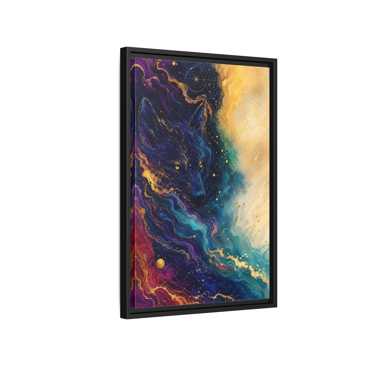 Side Mockup 3. Animals Wolf Blue Gold Wolf shown as stretched canvas wall art