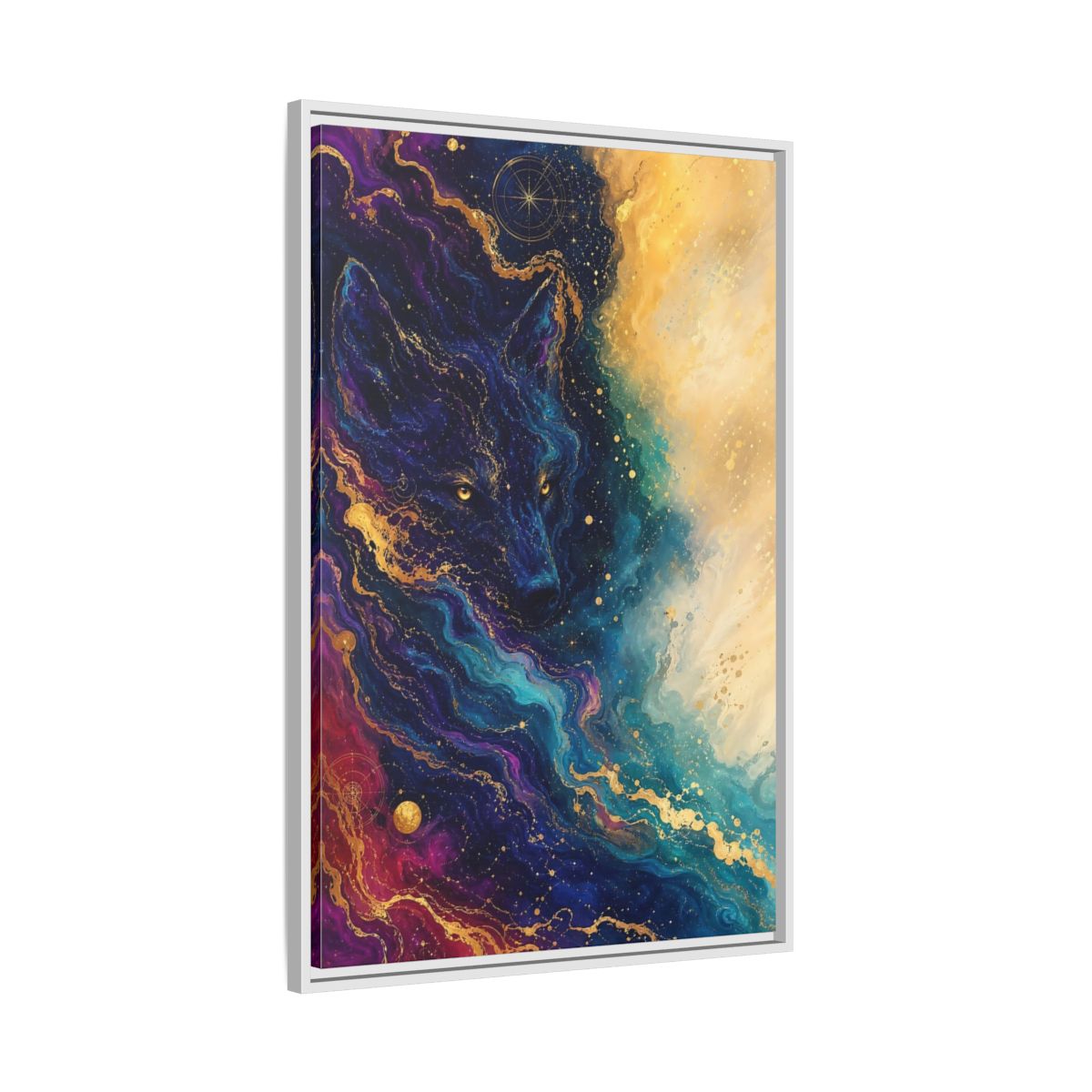 Side Mockup 9. Animals Wolf Blue Gold Wolf shown as stretched canvas wall art