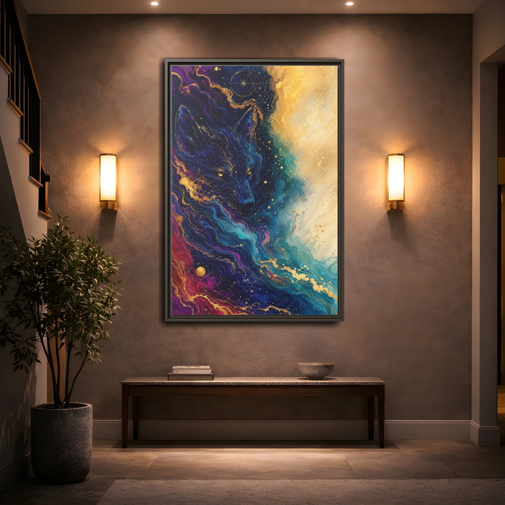 Mockup 2. Animals Wolf Blue Gold Wolf shown as stretched canvas wall art