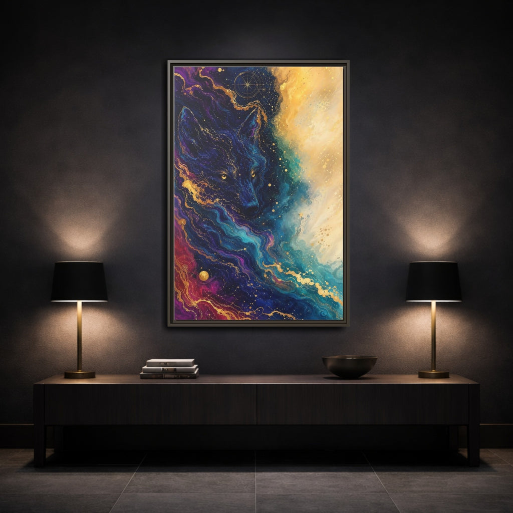 Mockup 3. Animals Wolf Blue Gold Wolf shown as stretched canvas wall art