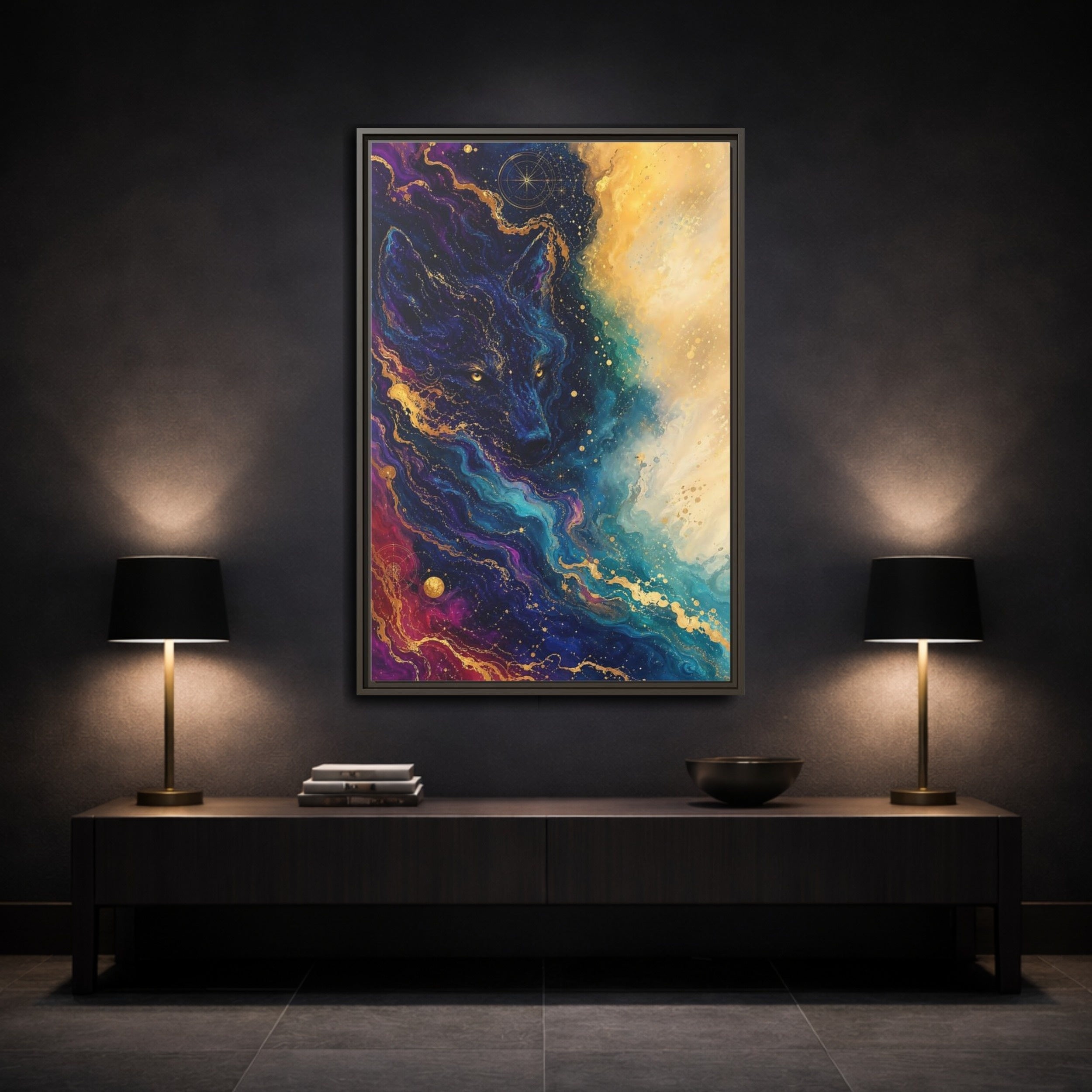 Mockup 3. Animals Wolf Blue Gold Wolf shown as stretched canvas wall art