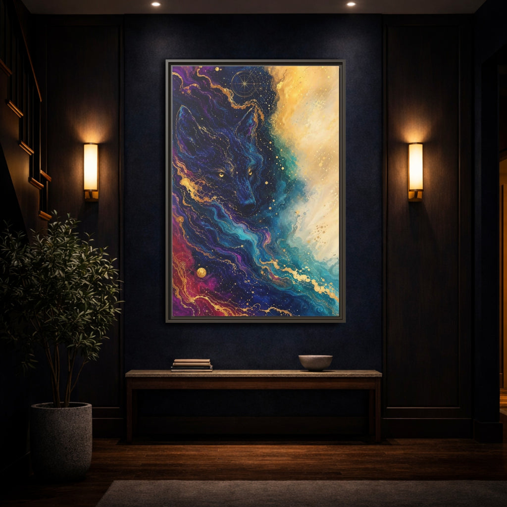 Mockup 4. Animals Wolf Blue Gold Wolf shown as stretched canvas wall art