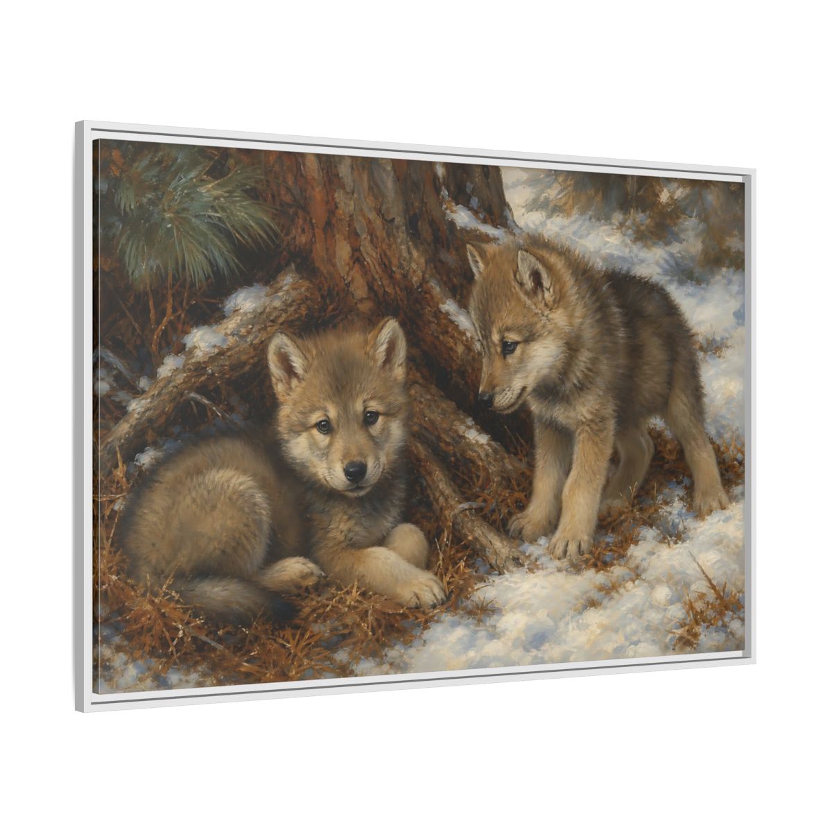 Side Mockup 7. Animals Wolf Cubs Wolf Cubs Winter shown as stretched canvas wall art