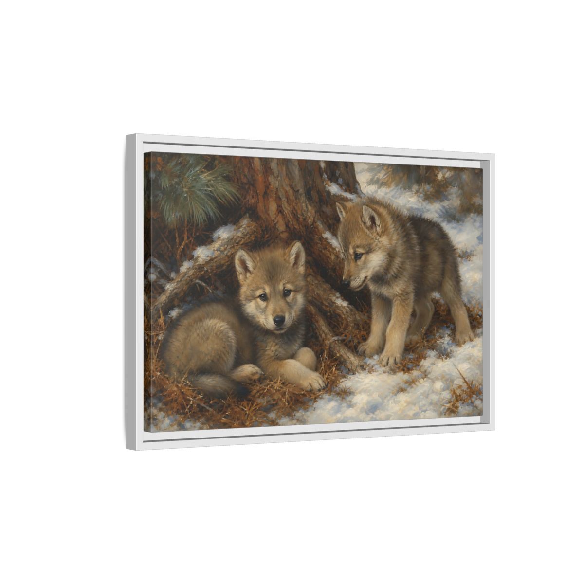 Side Mockup 1. Animals Wolf Cubs Wolf Cubs Winter shown as stretched canvas wall art
