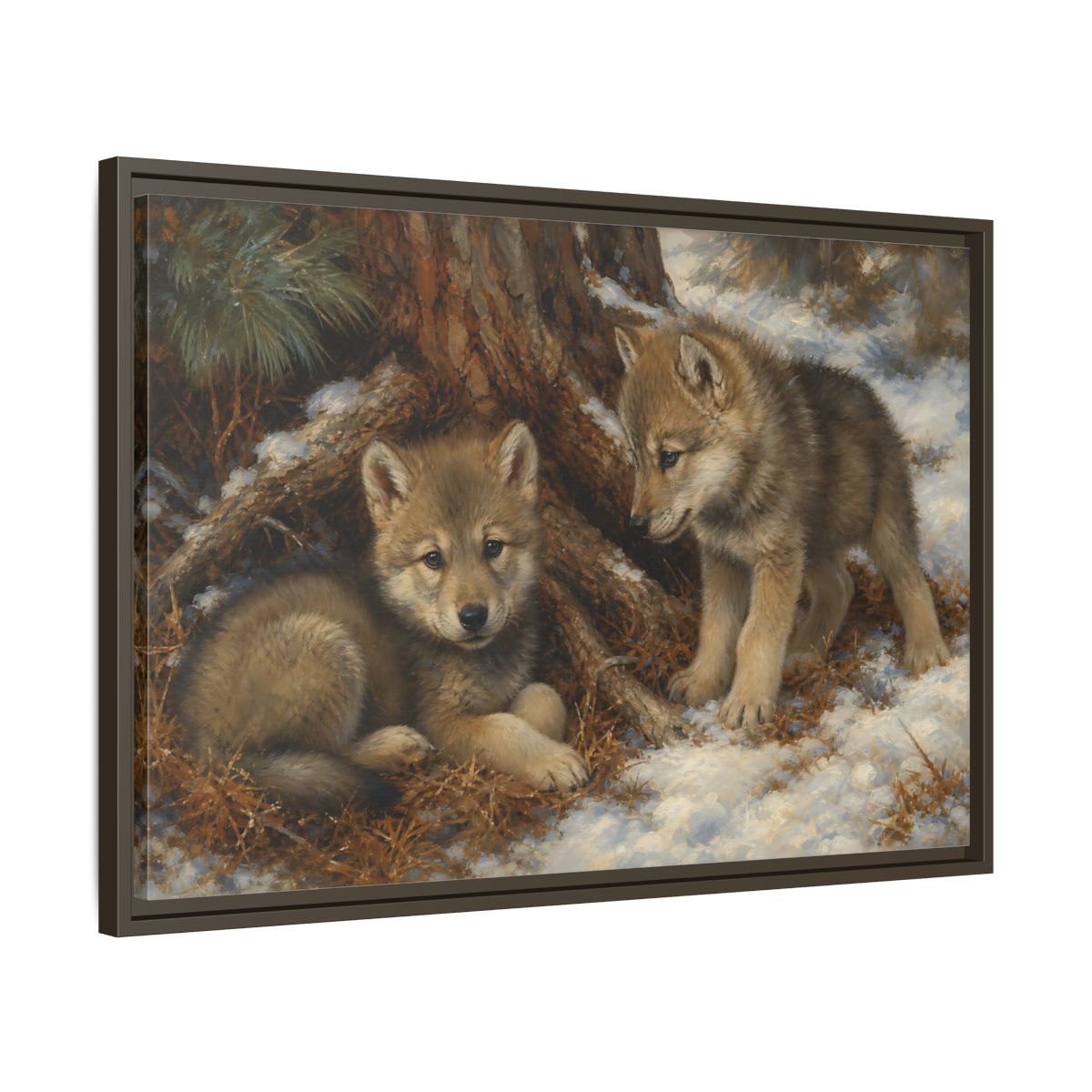 Side Mockup 11. Animals Wolf Cubs Wolf Cubs Winter shown as stretched canvas wall art