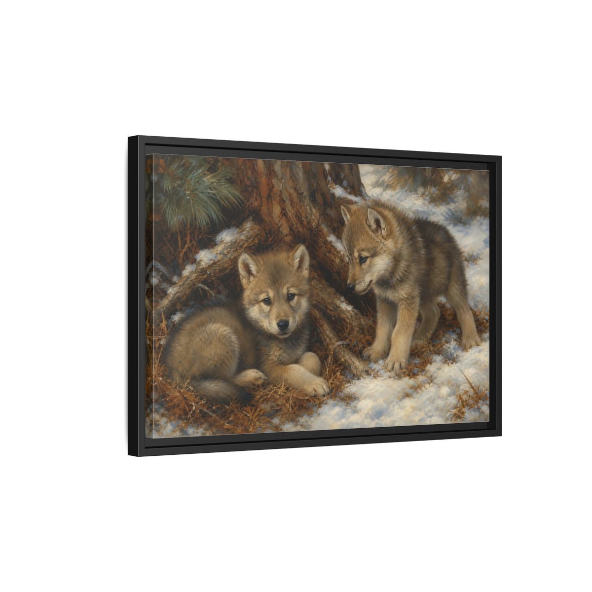 Side Mockup 3. Animals Wolf Cubs Wolf Cubs Winter shown as stretched canvas wall art