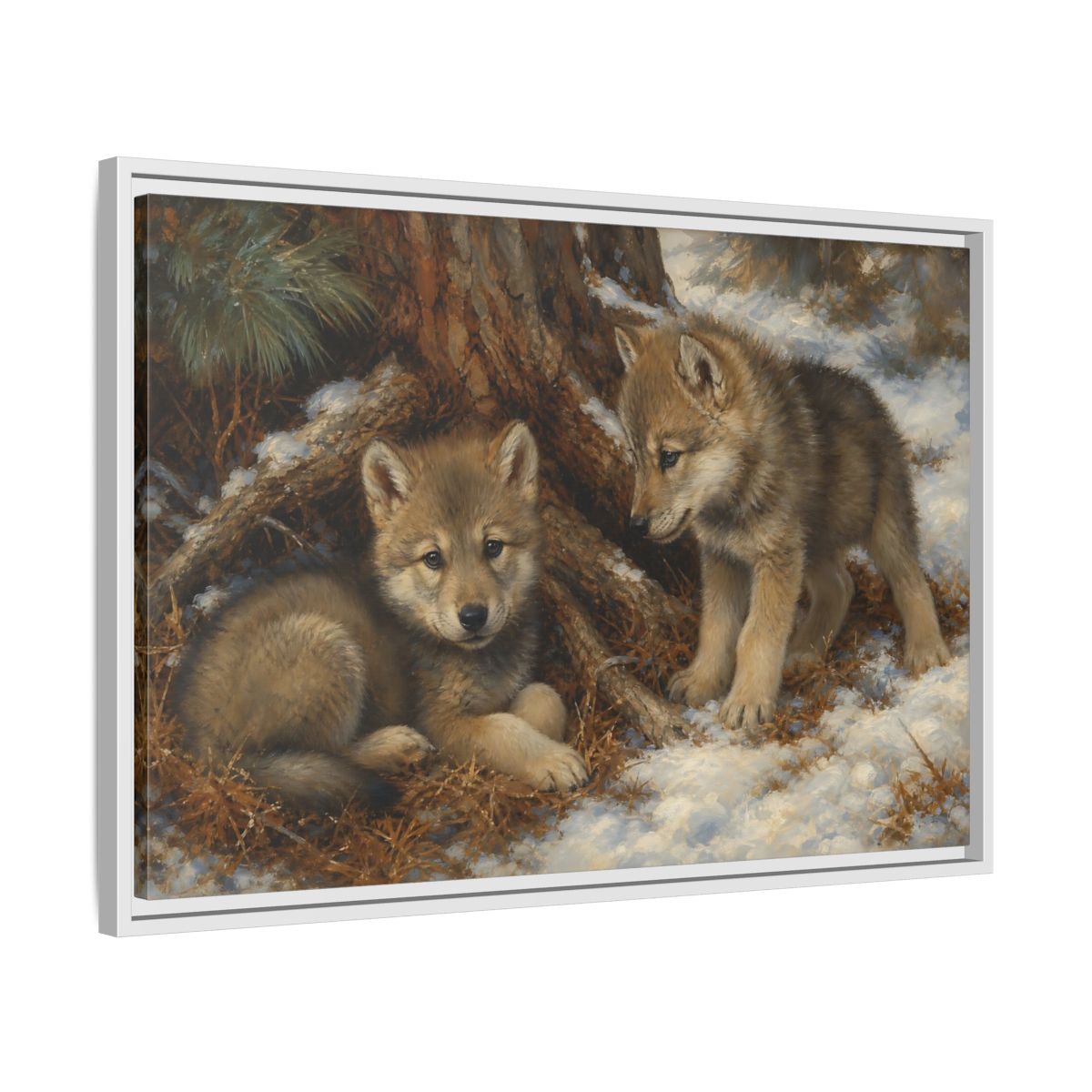 Side Mockup 10. Animals Wolf Cubs Wolf Cubs Winter shown as stretched canvas wall art