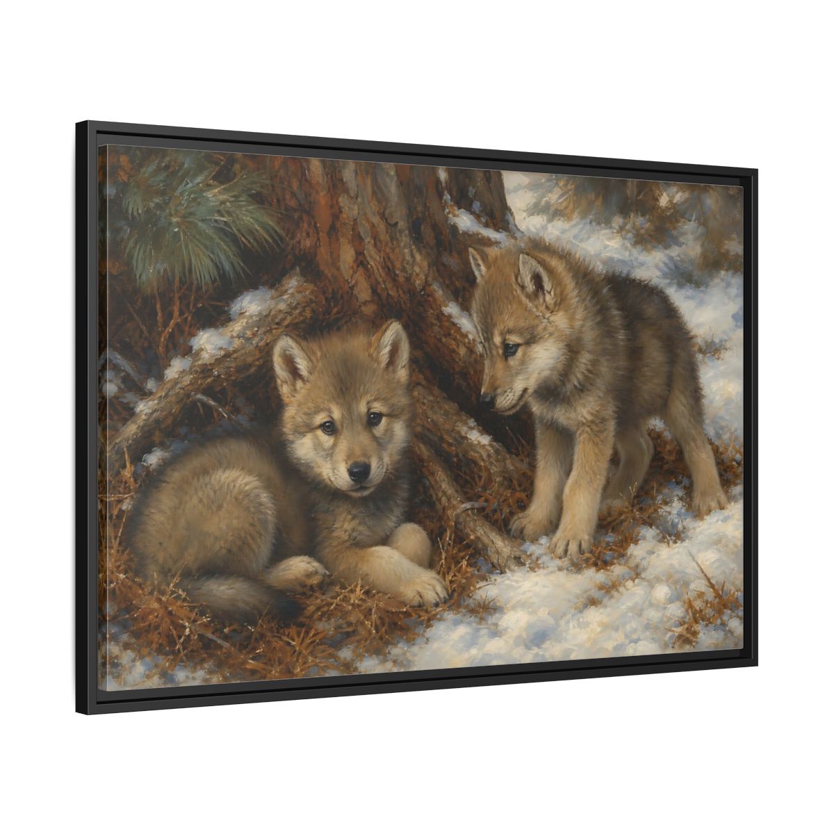 Side Mockup 13. Animals Wolf Cubs Wolf Cubs Winter shown as stretched canvas wall art