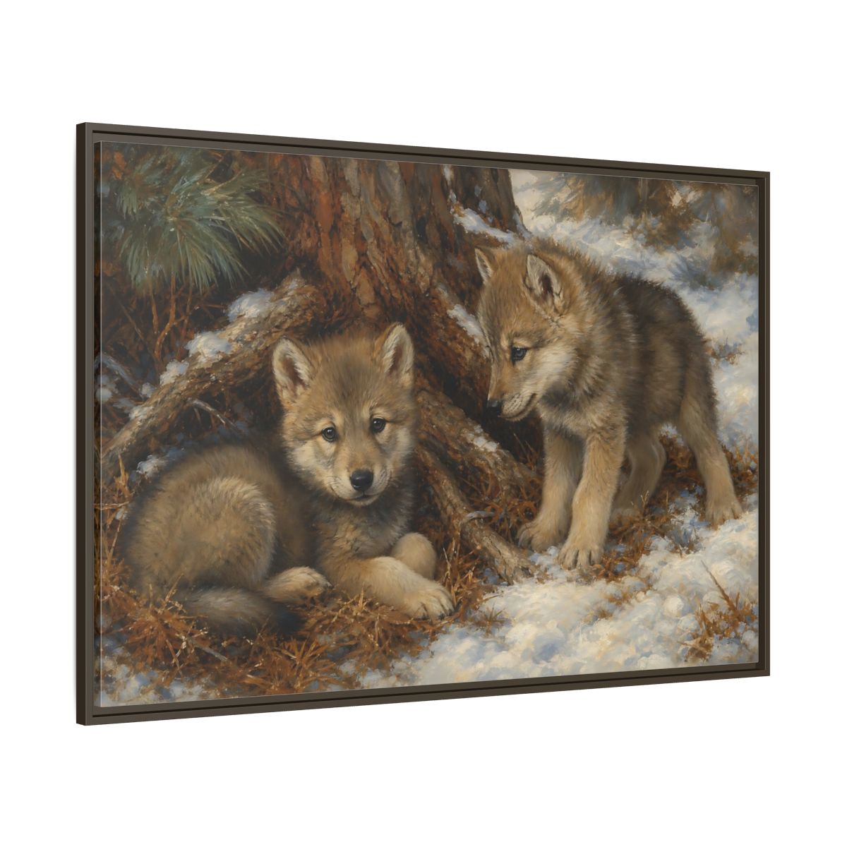 Side Mockup 8. Animals Wolf Cubs Wolf Cubs Winter shown as stretched canvas wall art