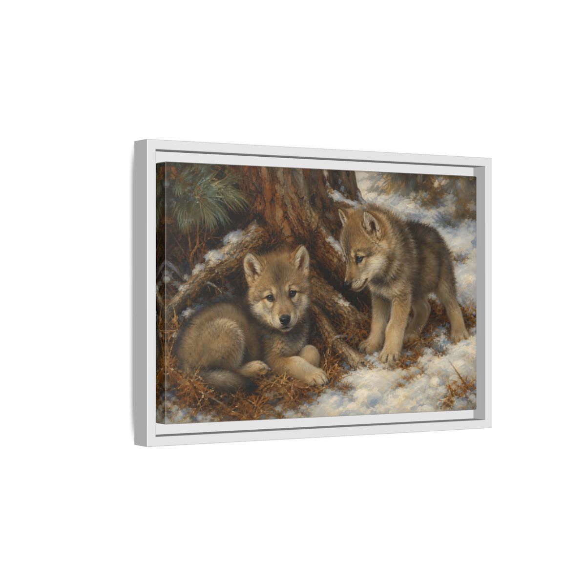 Side Mockup 4. Animals Wolf Cubs Wolf Cubs Winter shown as stretched canvas wall art