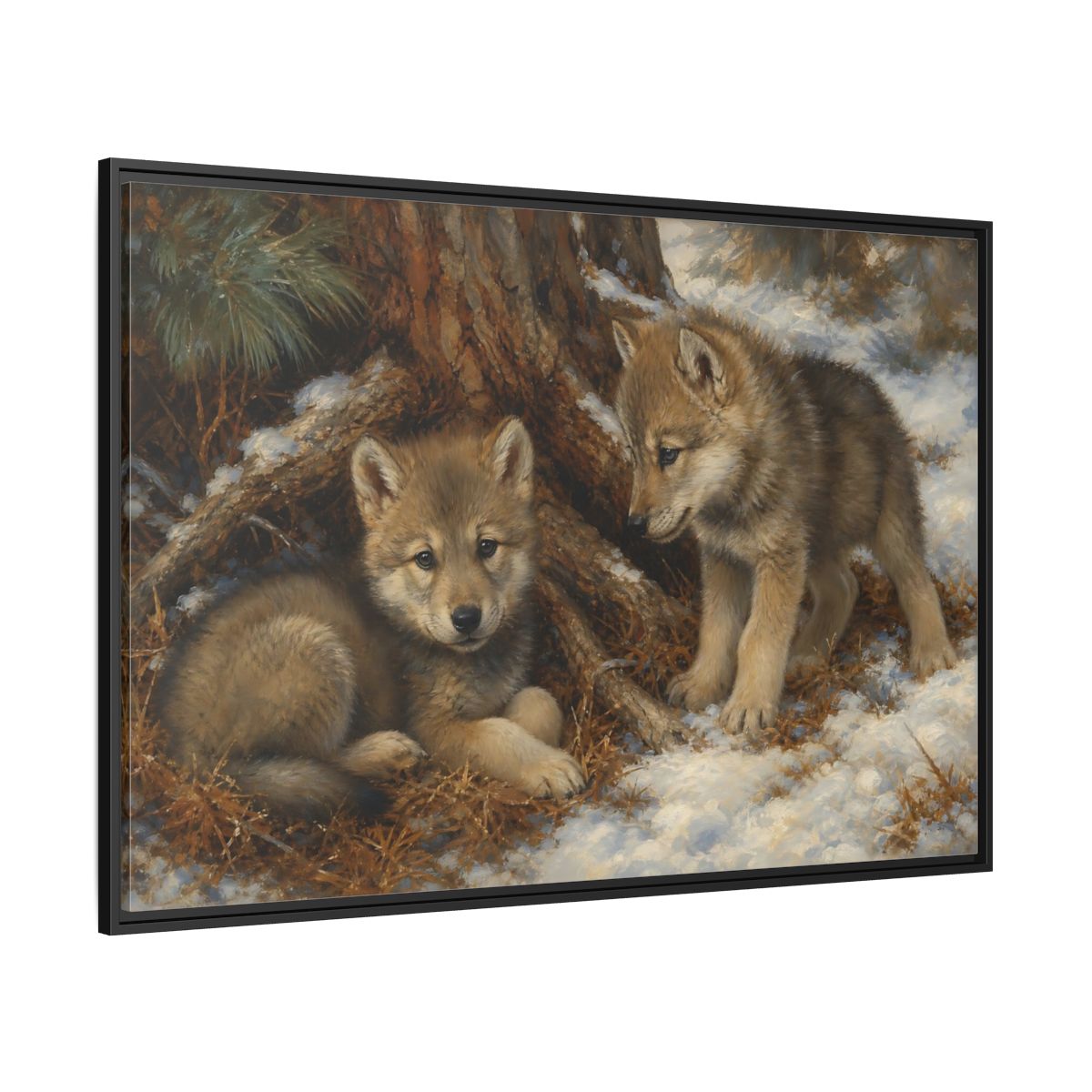 Side Mockup 12. Animals Wolf Cubs Wolf Cubs Winter shown as stretched canvas wall art