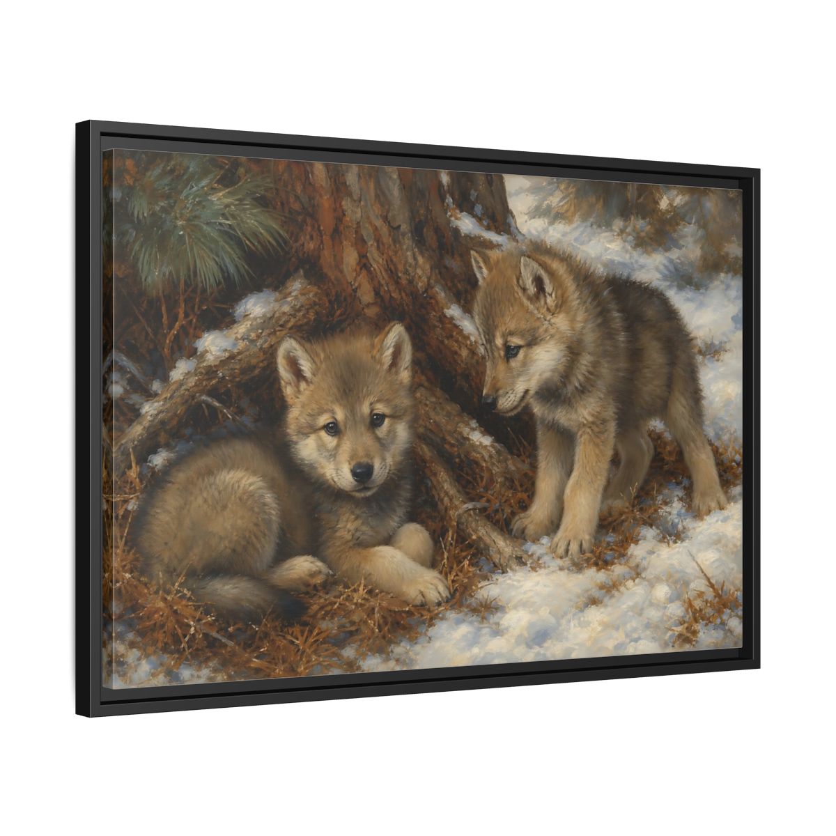 Side Mockup 14. Animals Wolf Cubs Wolf Cubs Winter shown as stretched canvas wall art