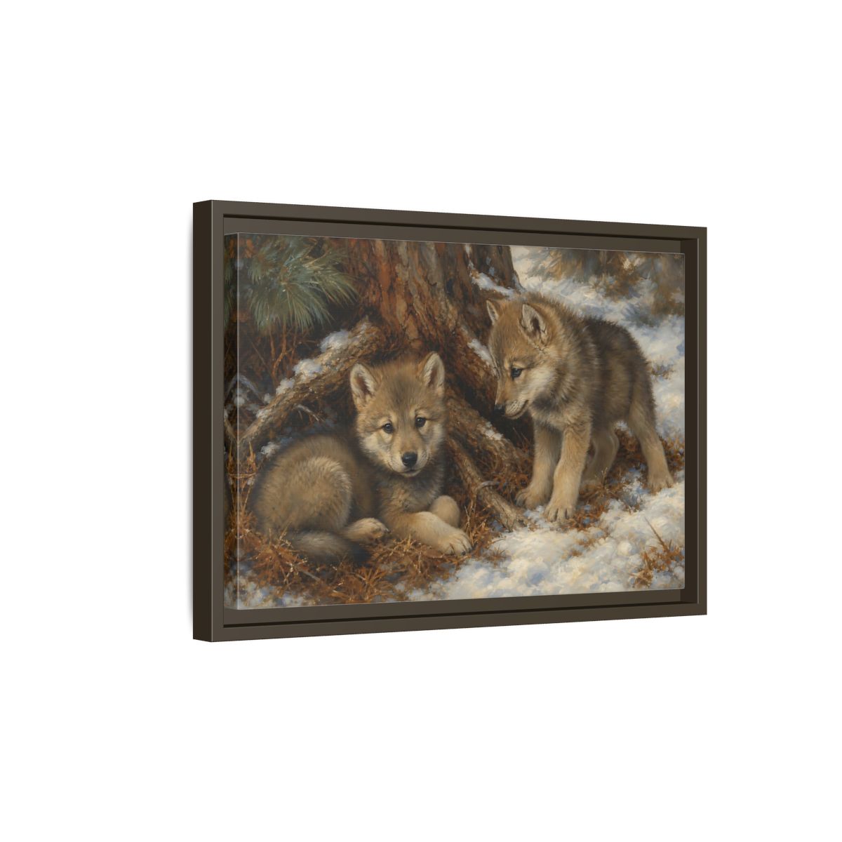 Side Mockup 5. Animals Wolf Cubs Wolf Cubs Winter shown as stretched canvas wall art