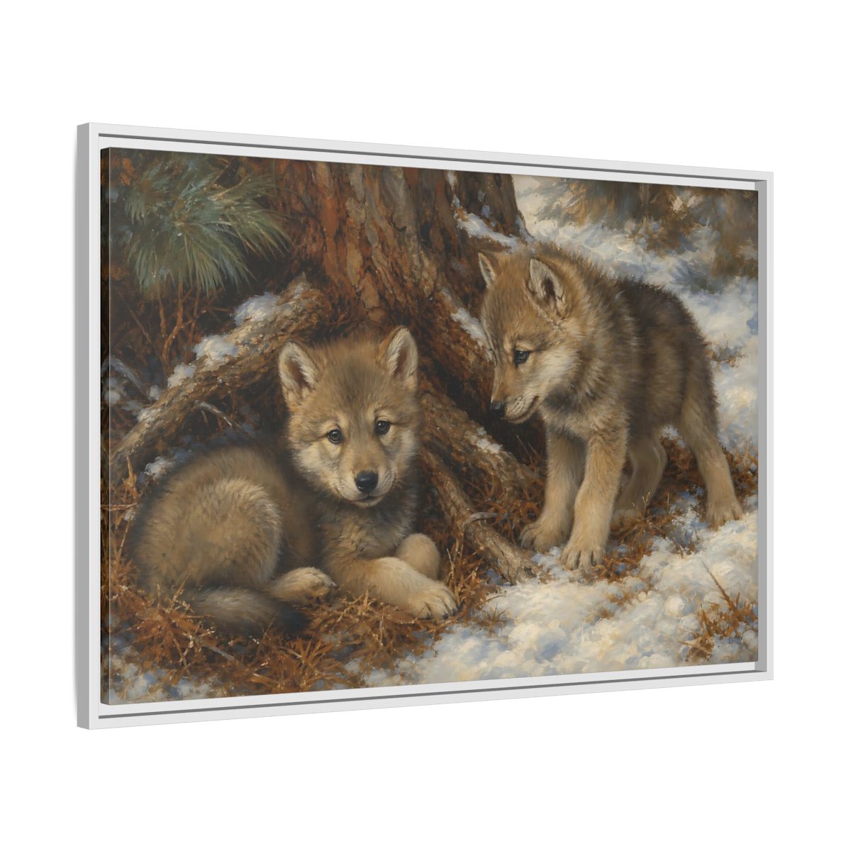 Side Mockup 9. Animals Wolf Cubs Wolf Cubs Winter shown as stretched canvas wall art